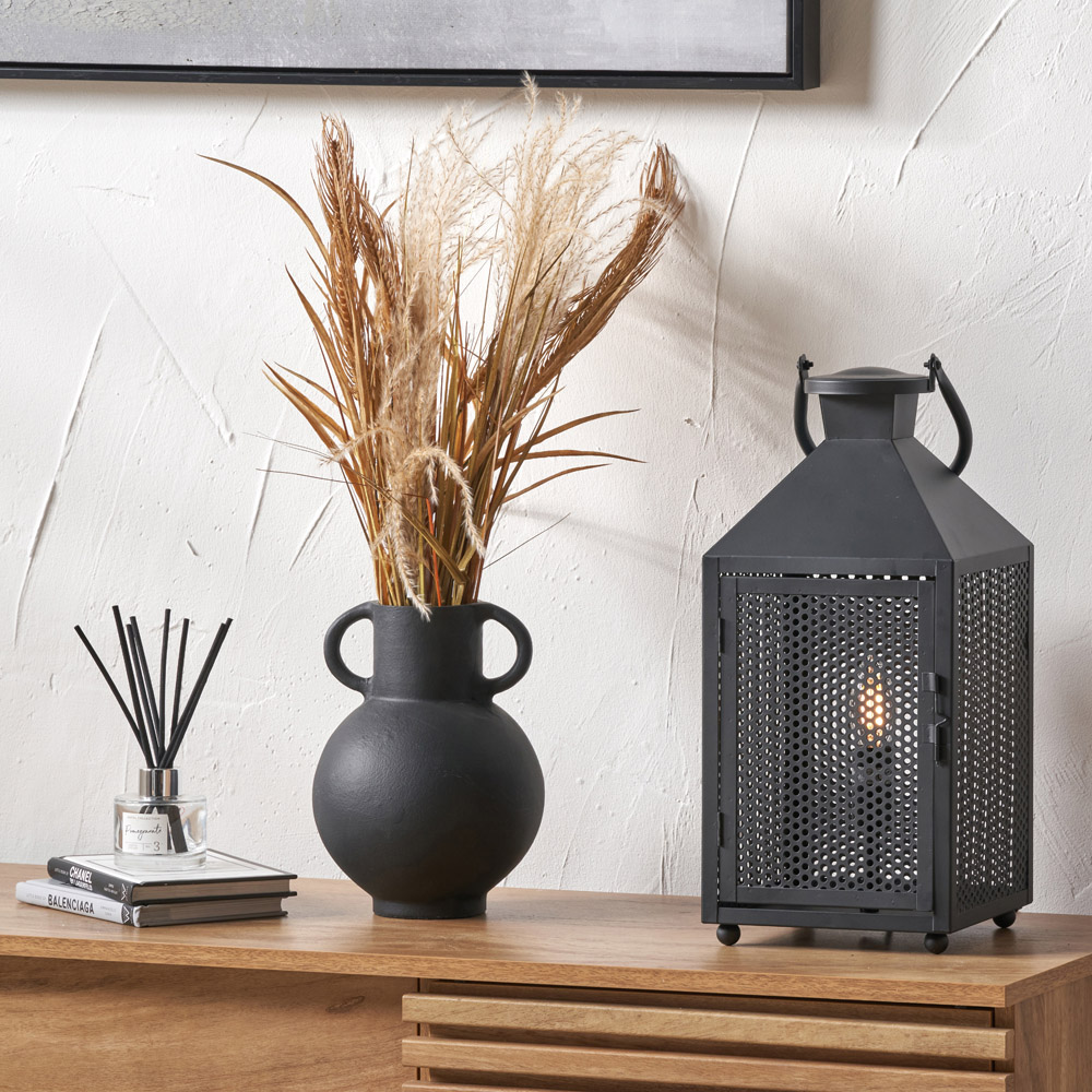 Pacific Lifestyle Folkstone Matt Black Metal Punched Lantern Table Lamp Image 2