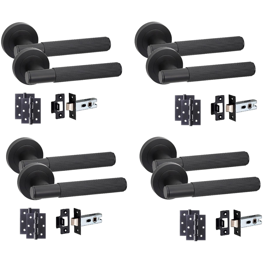 Golden Grace Knurled T-Bar Matt Black Door Handles Latch and Ball Bearing Set 4 Pack Image 1