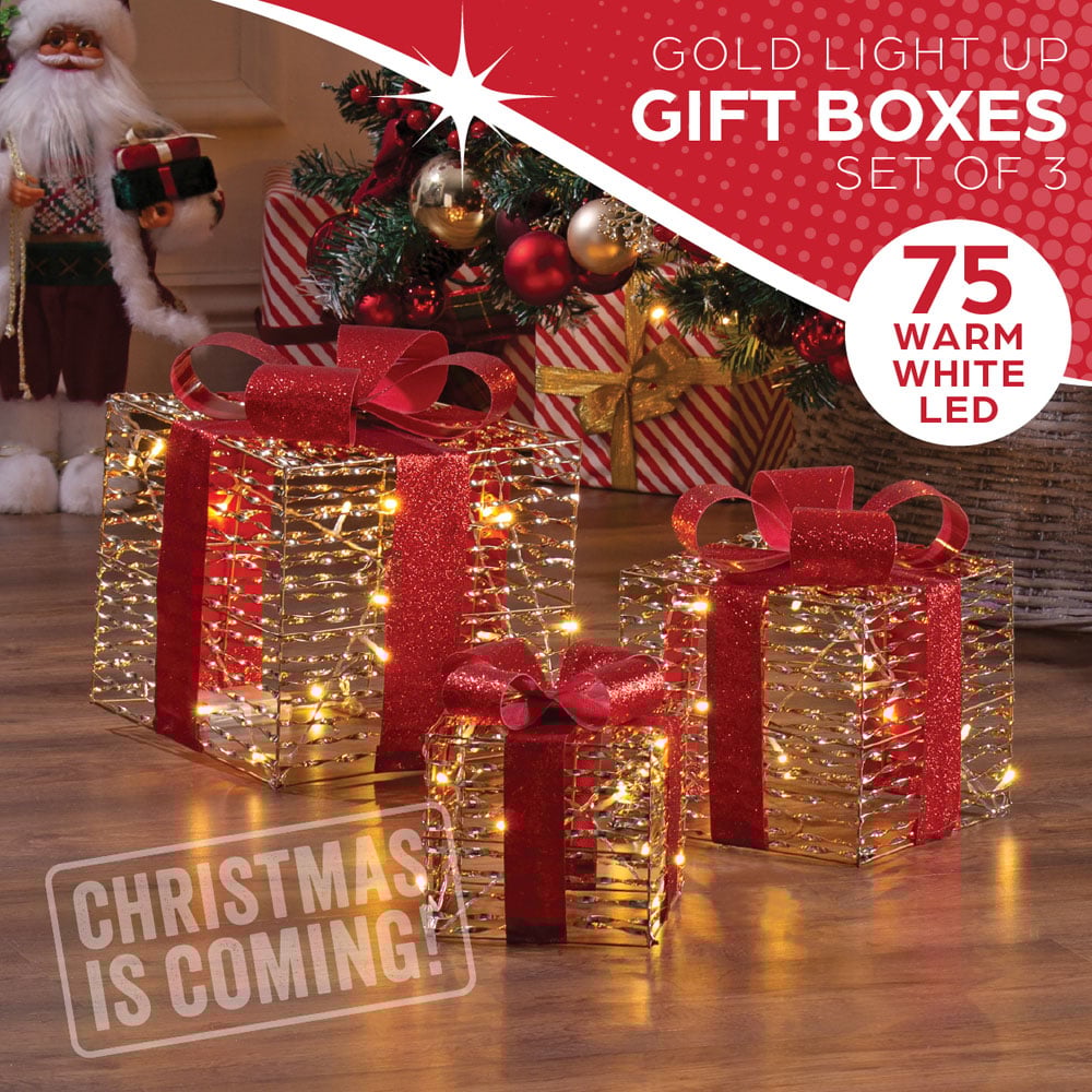 The Christmas Workshop 75 Warm White LED Gold and Red Gift Box Decoration Set of 3 Image 4