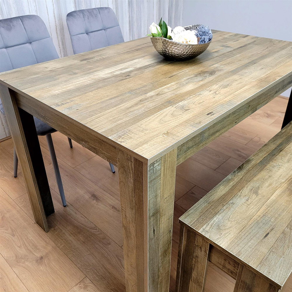 Portland 4 Seater Dining Set Rustic Effect and Grey Velvet with Bench Image 6