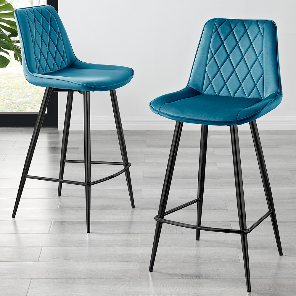 Furniturebox Set of 2 Blue and Black Velvet Bar Chairs Image 1