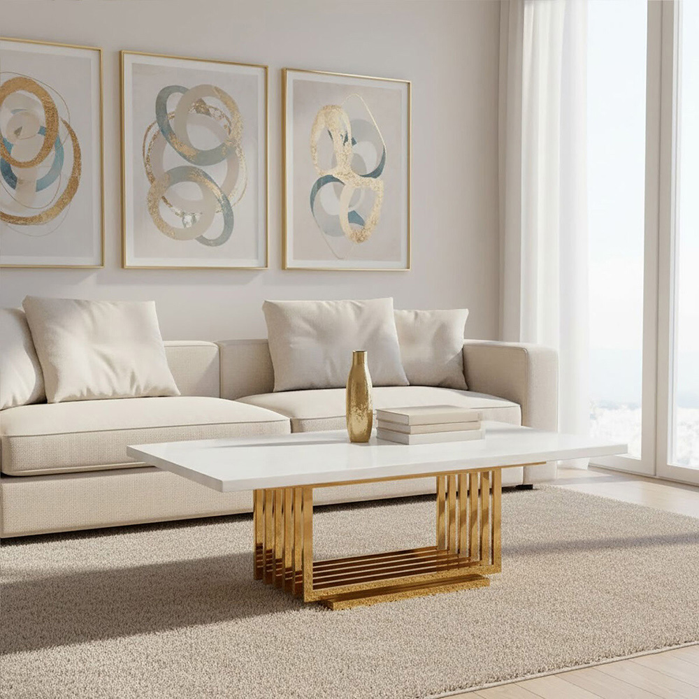 Premier Housewares Ivory White Marble Top Coffee Table with Gold Frame Image 6