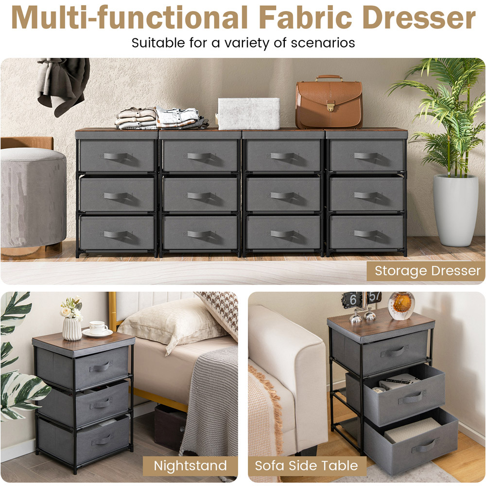 Costway 3 Drawer Grey Fabric Nightstand with Removable Lid Image 6