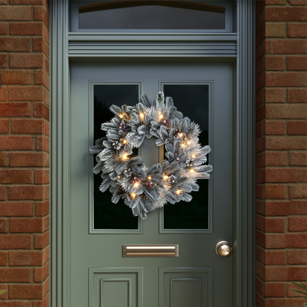 Charles Bentley Pre-Lit Snowy Christmas Wreath with Red Berry and Pinecone 60cm Image 2
