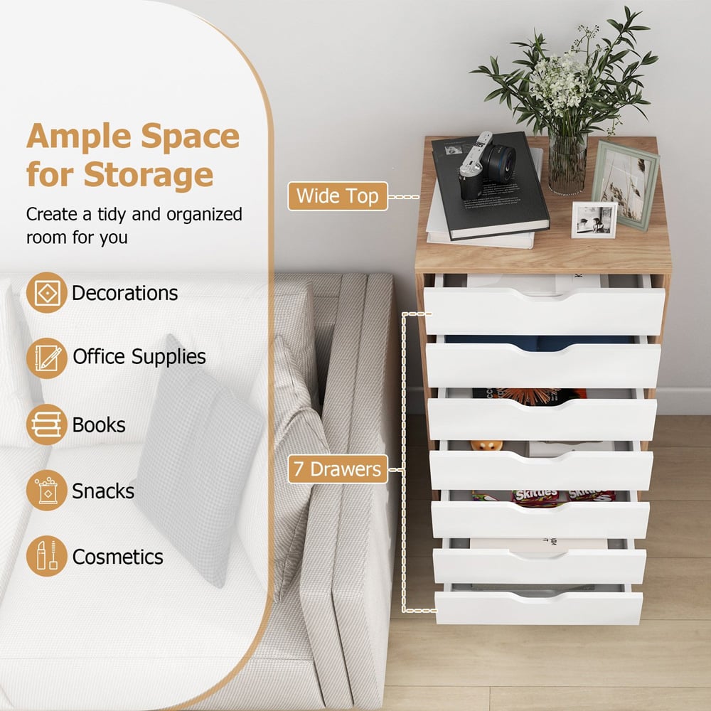 Costway 7 Drawer Natural Mobile File Cabinet Image 5