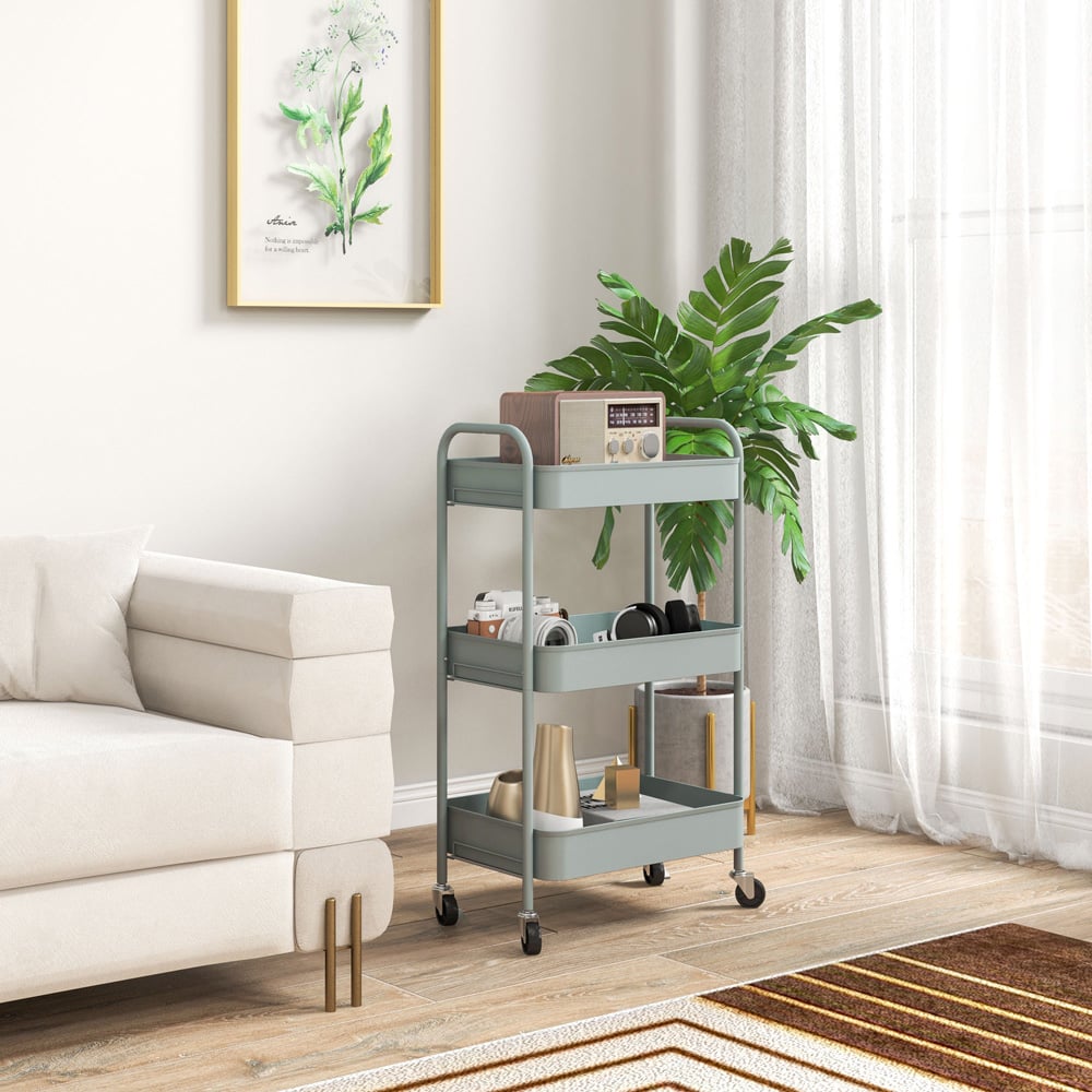 HOMCOM 3 Shelf Light Blue Rolling Utility Cart Image 2
