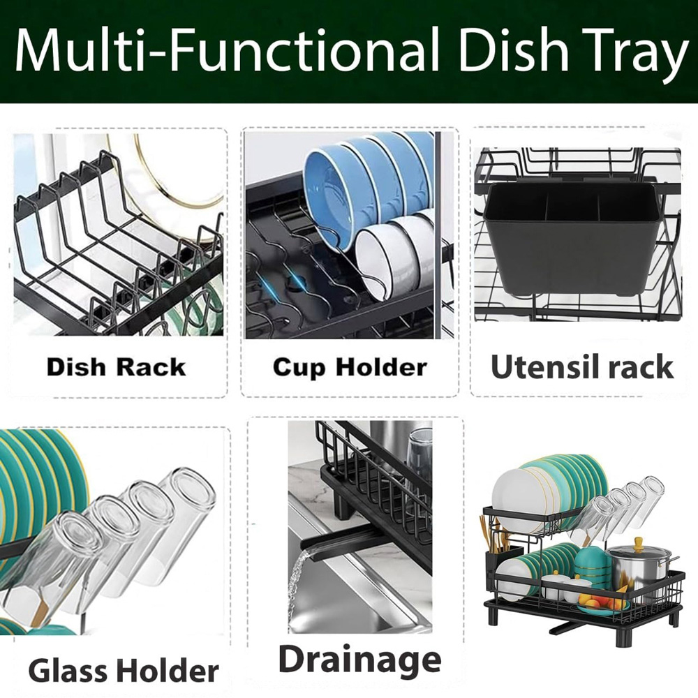 ATEK 2-Tier Black Dish Drying Rack with Drain Tray Image 8