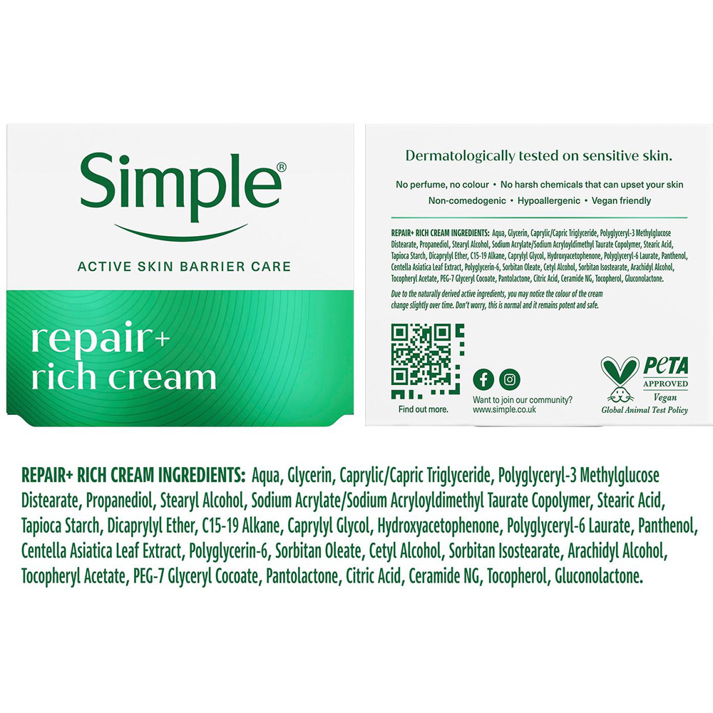 Simple Repair+ Gentle Nourishing and Soothing Daily Moisturiser Face Cream 50ml 3 Pack Image 7