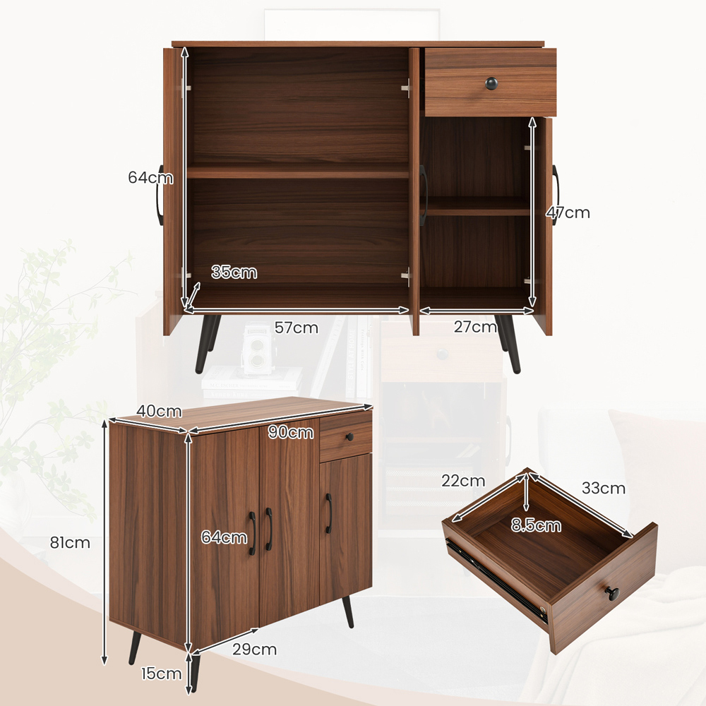 Costway 3 Door Single Drawer Walnut Sideboard Image 9