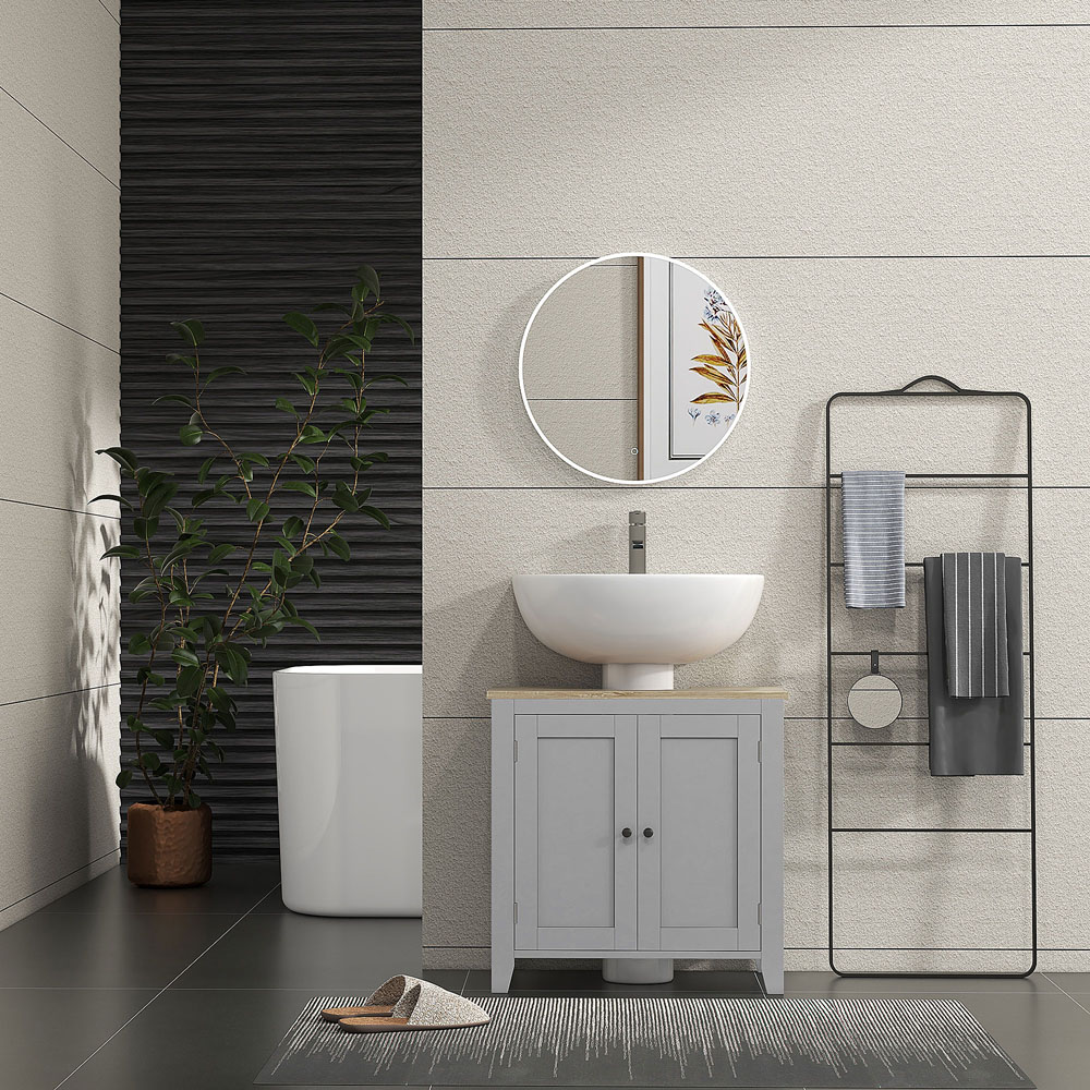 Kleankin 2 Door Grey Bathroom Pedestal Under Sink Cabinet with Adjustable Shelf Image 3