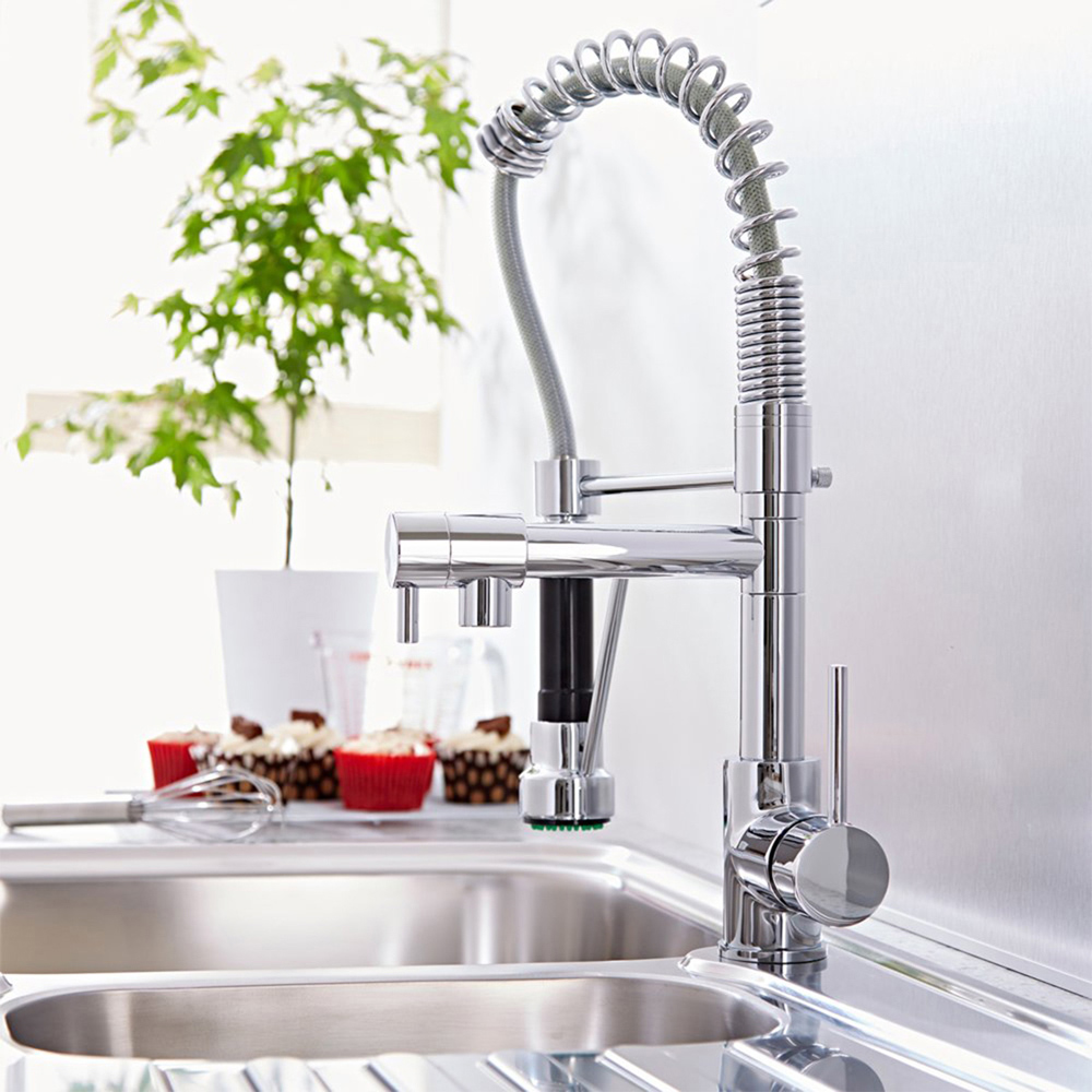 Nes Home Gleam Chrome Dual Spout Spray Pull Out Kitchen Mixer Tap Image 2