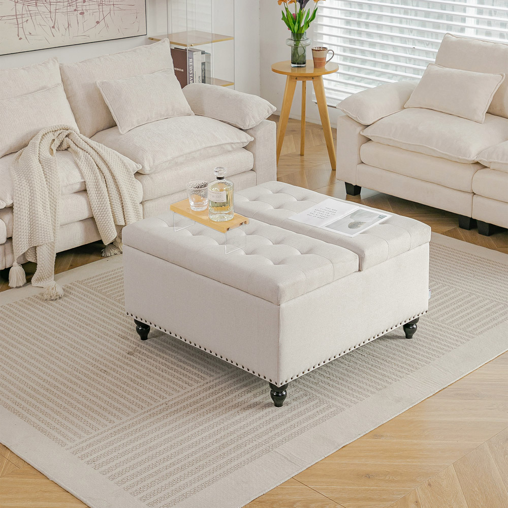 Living and Home Beige Square Linen Upholstered Lift Top and Flip Storage Ottoman Image 8
