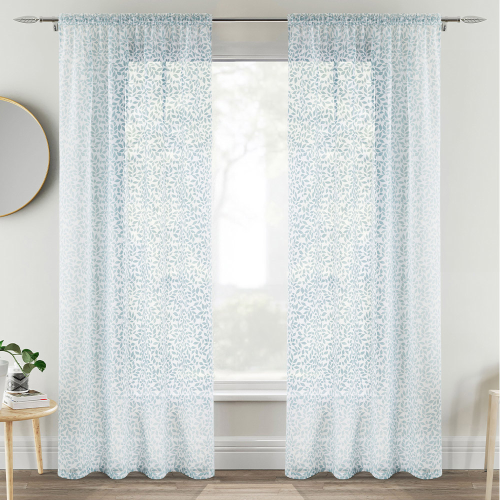 Tyrone Textiles Willow Blue Leaf Print Linen Look Rod Pocket Voile Panel Curtains 140 x 137cm Image 1