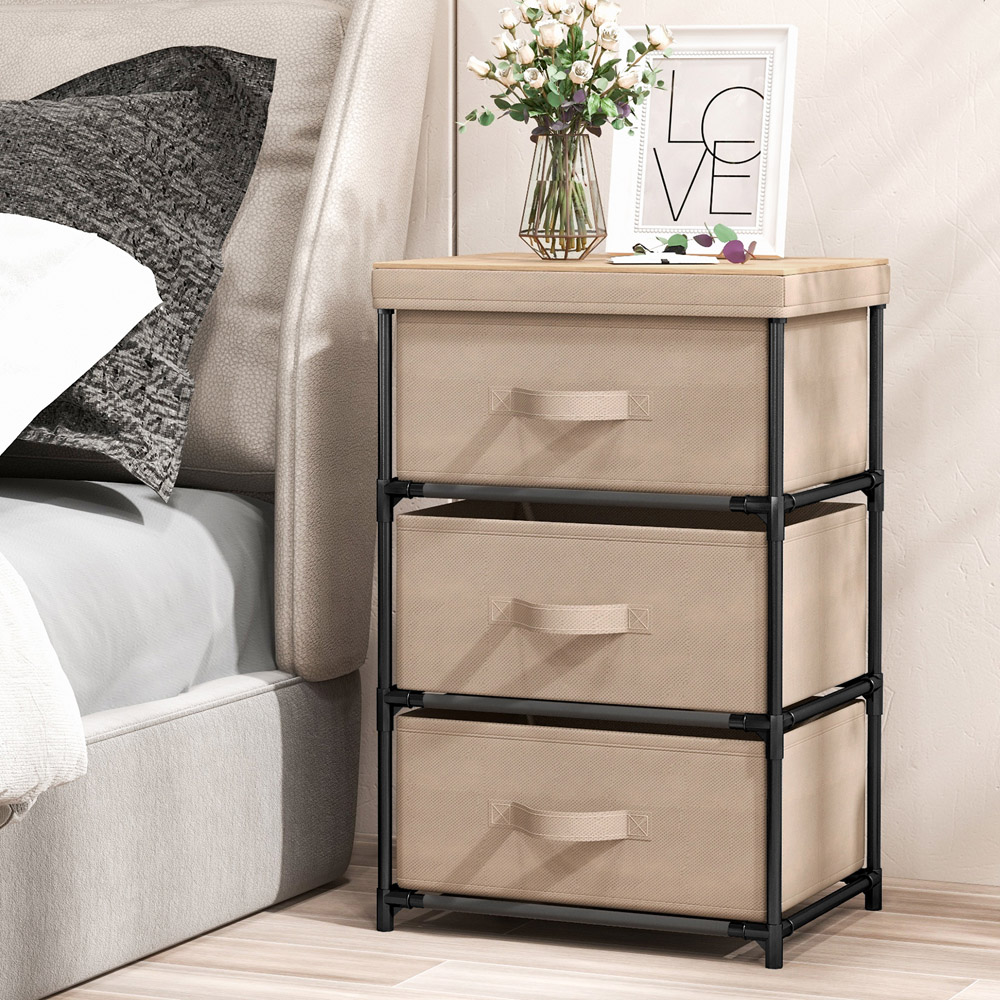 Costway 3 Drawer Coffee Fabric Nightstand with Removable Lid Image 3