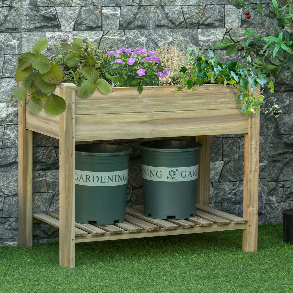 Outsunny Wooden Raised Planter Bed with Shelf 76 x 51 x 91cm Image 2