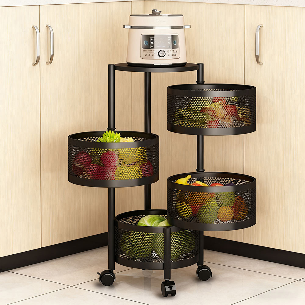 Living and Home 4-Tier Black Kitchen Storage Trolley with Rotating Basket Image 2