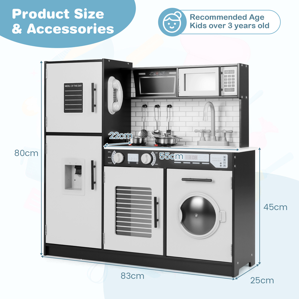 Costway Kids Black and White Kitchen Play Set with Oven and Washing Machine Image 6