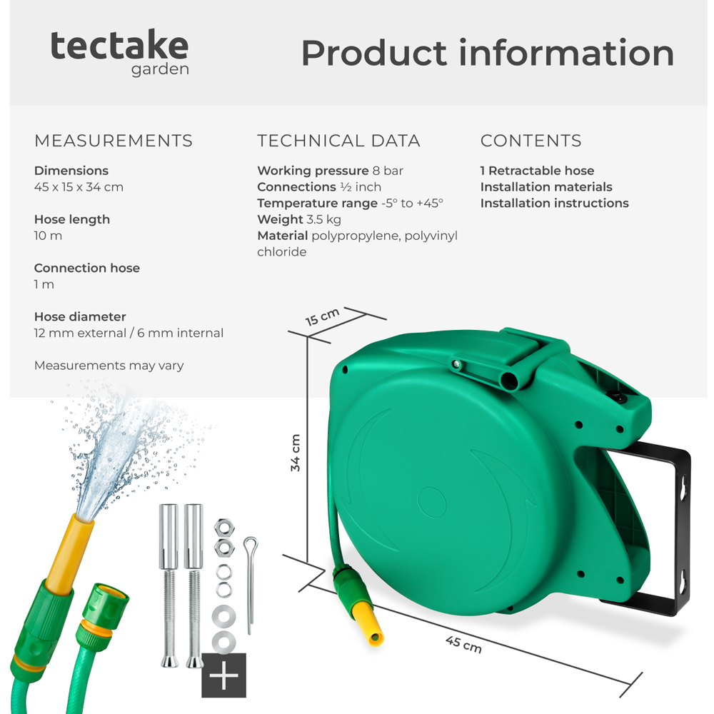 tectake 10m Automatic Retractor Hose Pipe and Reel with Hose Stop and Head Image 8