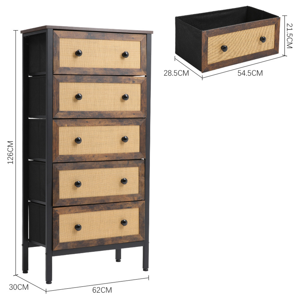 H&O Direct 5 Drawer Rattan Detailing Rustic Cabinet Image 6