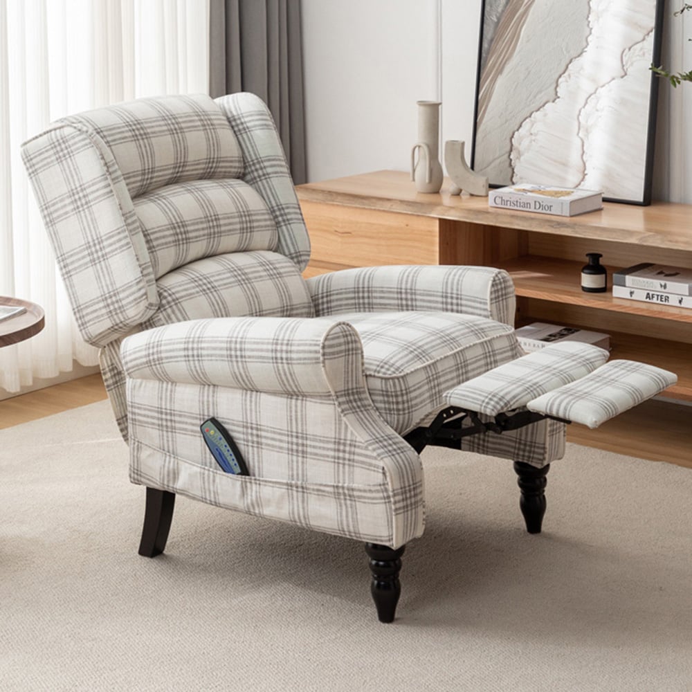 Furniture One Grey Check Fabric Recliner Massage Armchair Image 1
