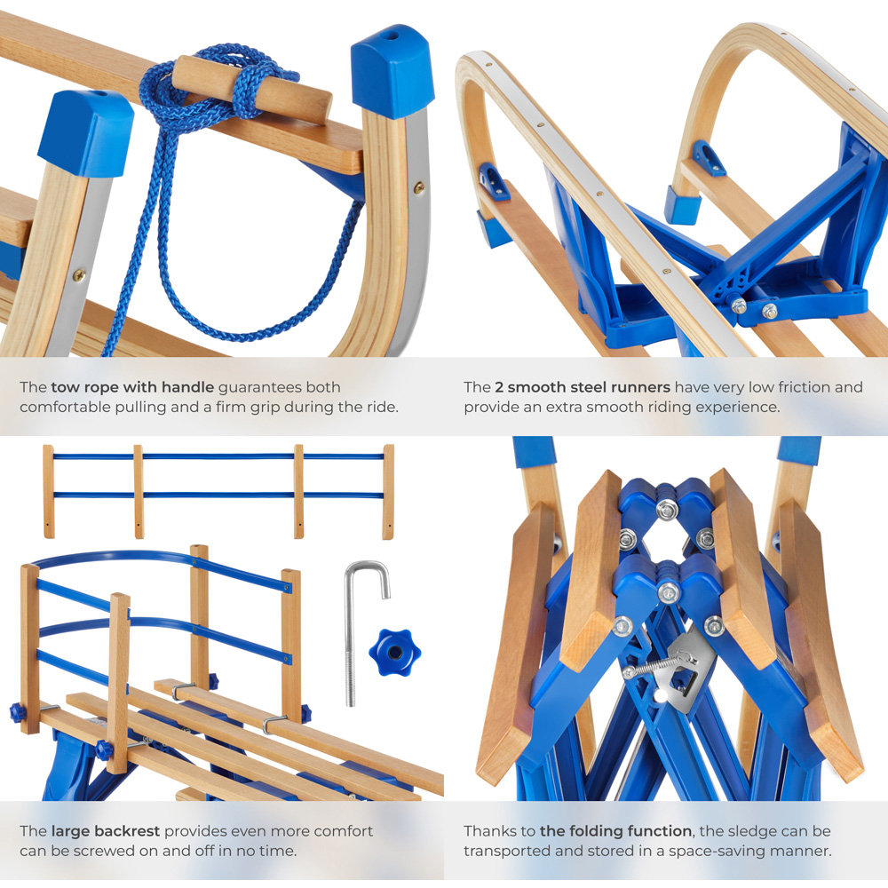 tectake Vivian Foldable Wooden Sledge with Removable Backrest and Pull Rope Image 5
