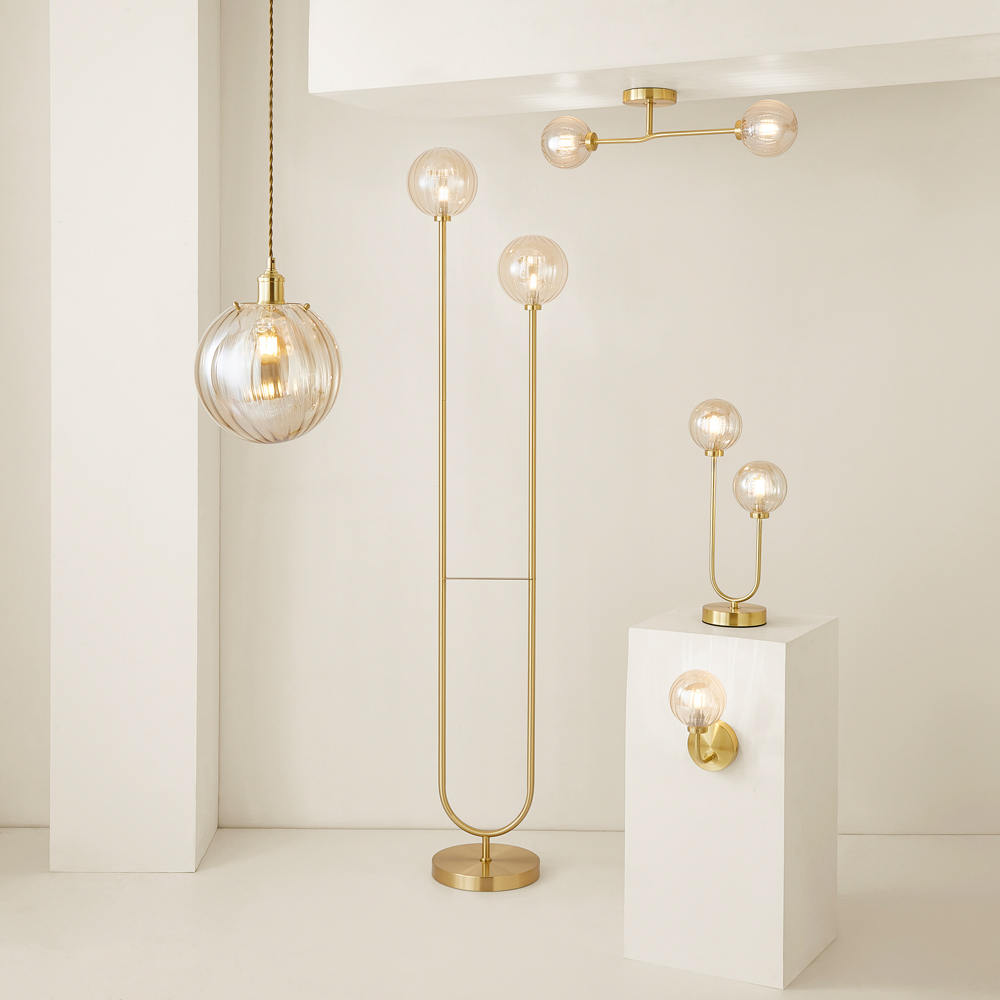 ValueLights Chessy 2 Way Ribbed Glass Gold Stem LED Floor Lamp Image 7