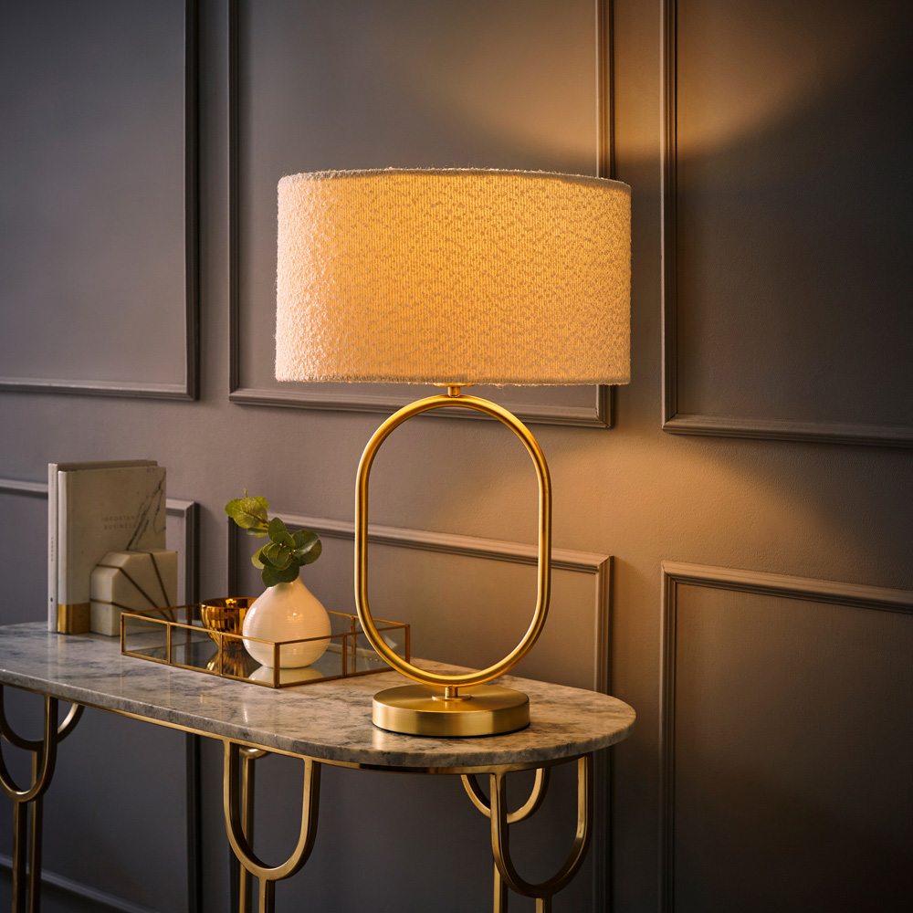 ValueLights Antonia Cream Boucle Drum Shade Brushed Gold Oval LED Table Lamp Image 6