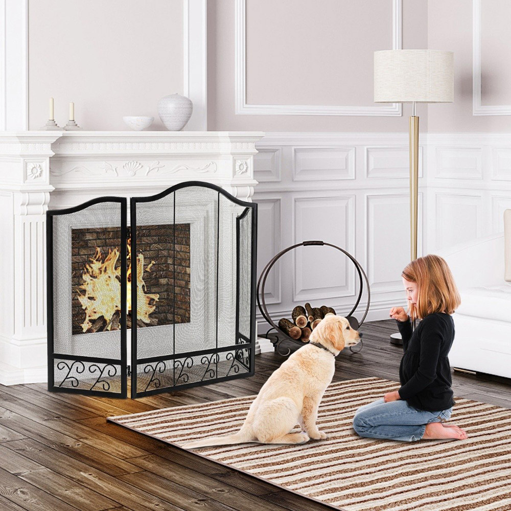 Costway 3 Panel Folding Metal Mesh Fireplace Screen B Image 2