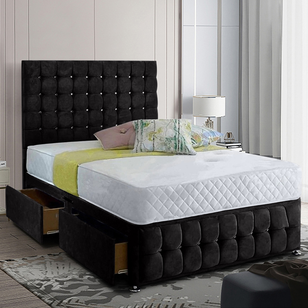 Eleganza Home Cloudrest Super King Size Black Plush Velvet 2 Drawer Divan Bed with Headboard Image 1