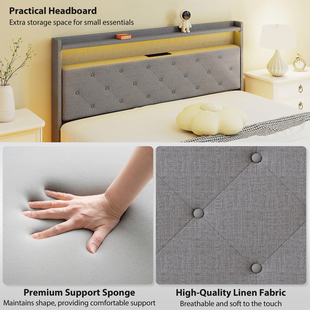 Portland King Size Grey Upholstered Floating Bed Frame with RGB LED Lights Image 7