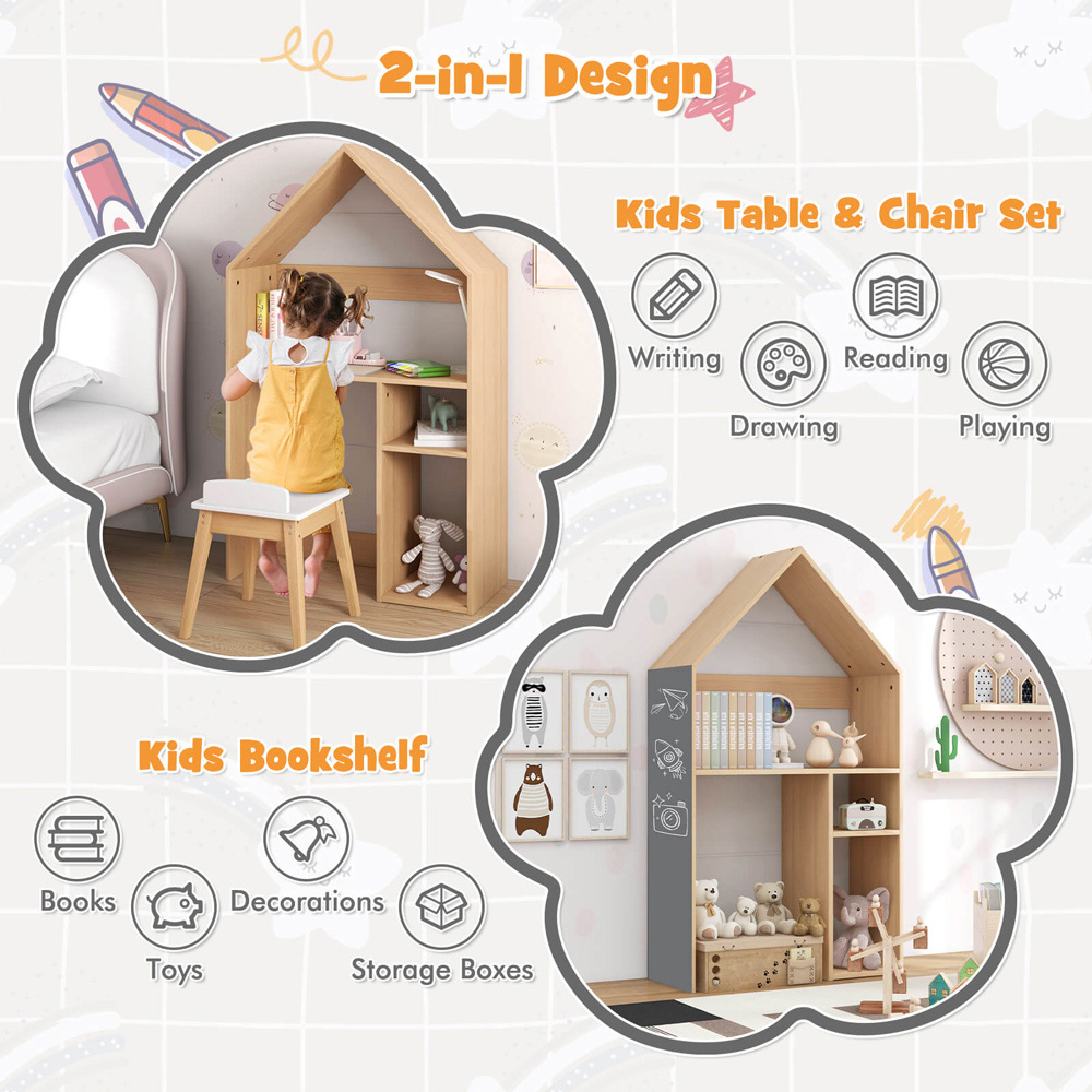 Costway White House Shaped Wooden Kids Table and Chair Set with Blackboard Image 6