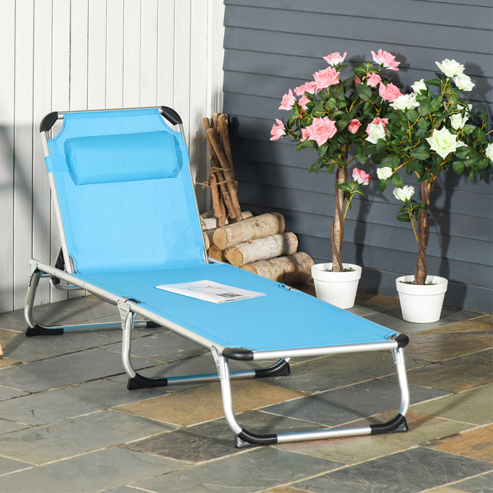 Outsunny Blue Texteline Foldable Sun Lounger with Pillow Image 1