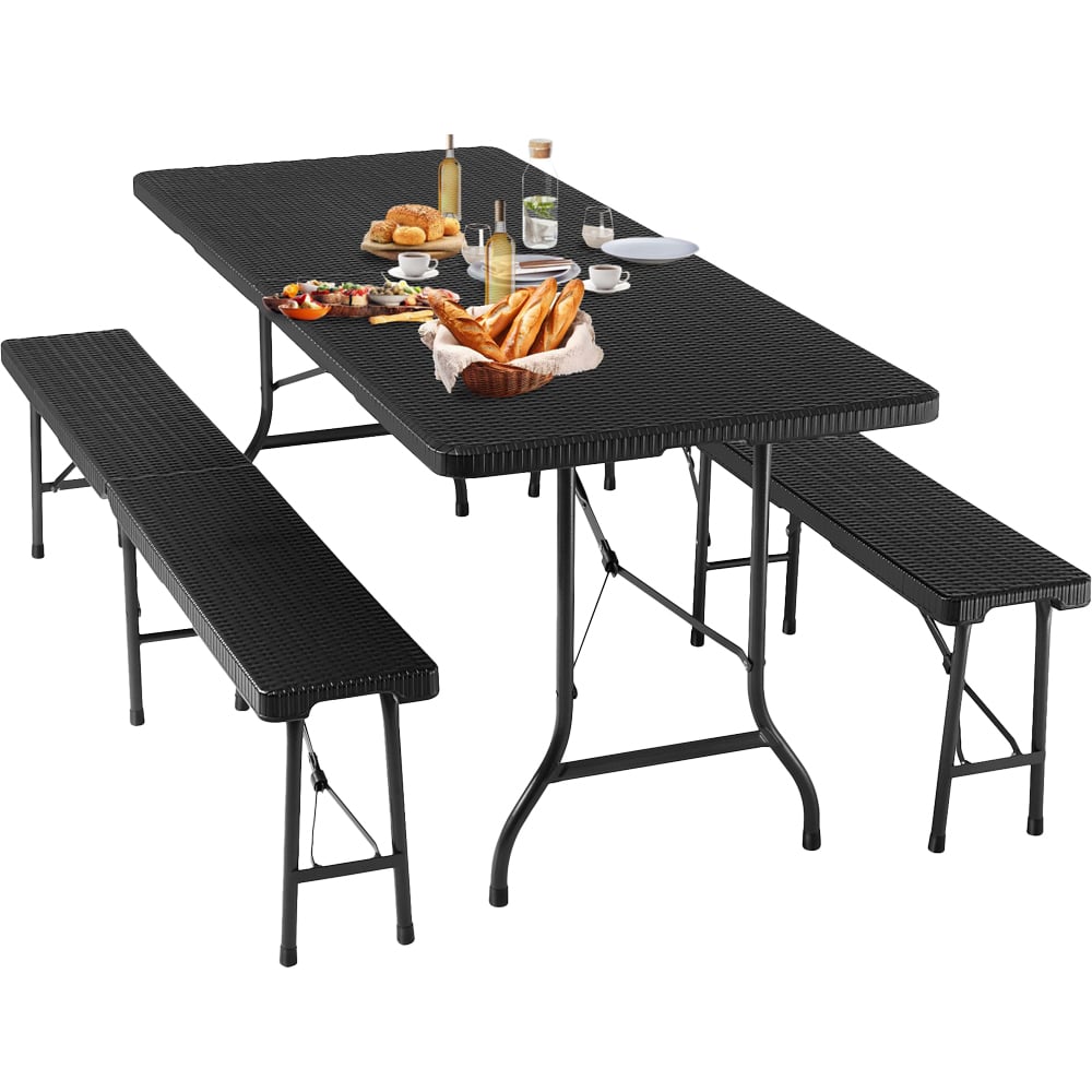 tectake 4 Seater Black Rattan Camping Table and Bench Set Image 1