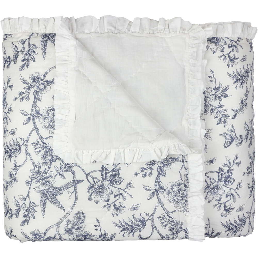 Wylder Nature Hermione Ivory and Blue Ruffled Cotton Bedspread 240 x 260cm Image 2