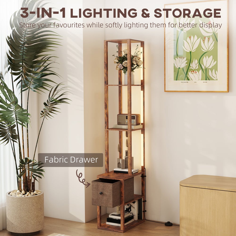 HOMCOM Single Drawer 4 Shelf Rustic Brown LED Floor Lamp Image 8