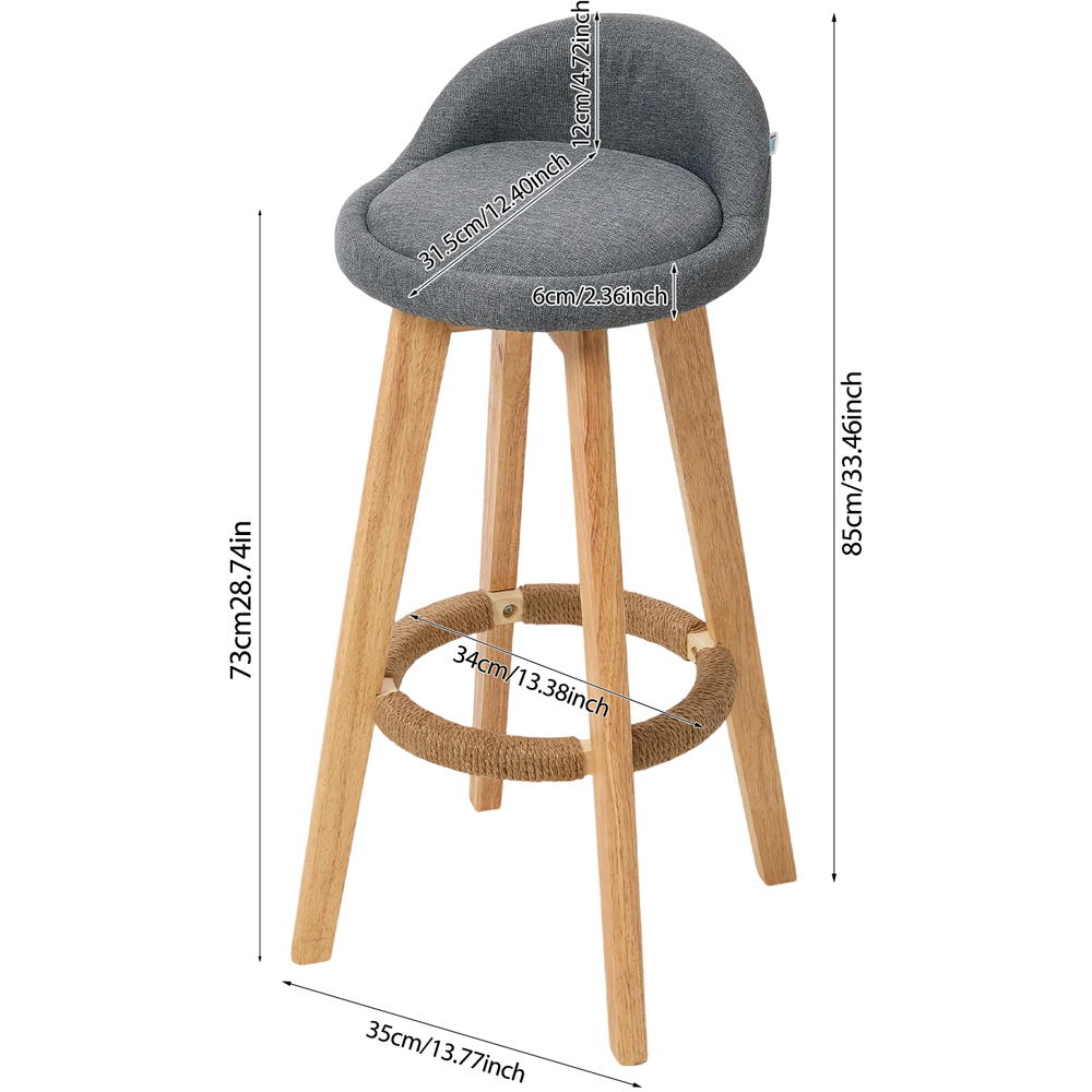 Living and Home Set of 2 Grey Linen Bar Stools with Wood Legs Image 9