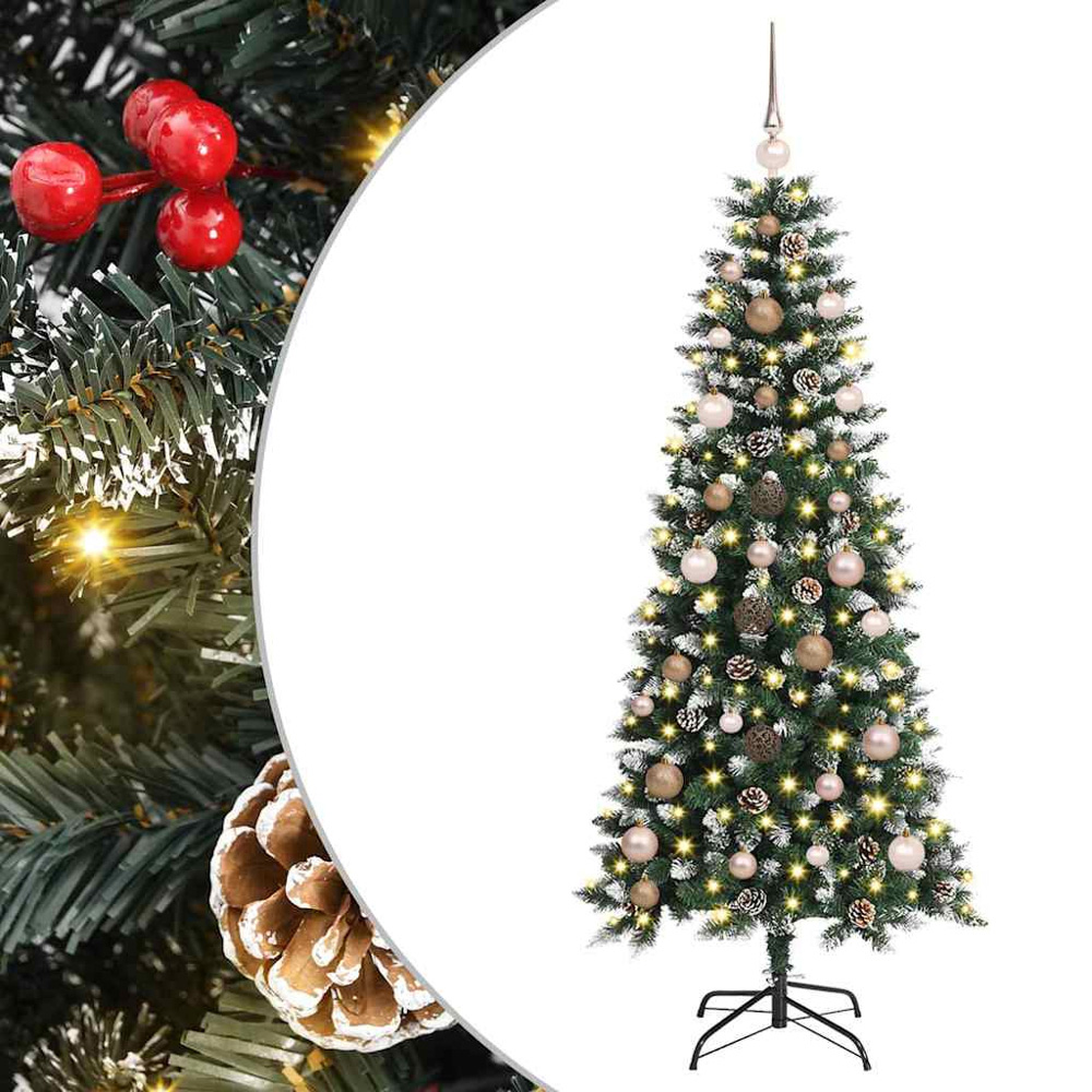 vidaXL Pre-Lit Rose Gold Baubles Green Artificial Snow Tipped Christmas Tree 5ft Image 2