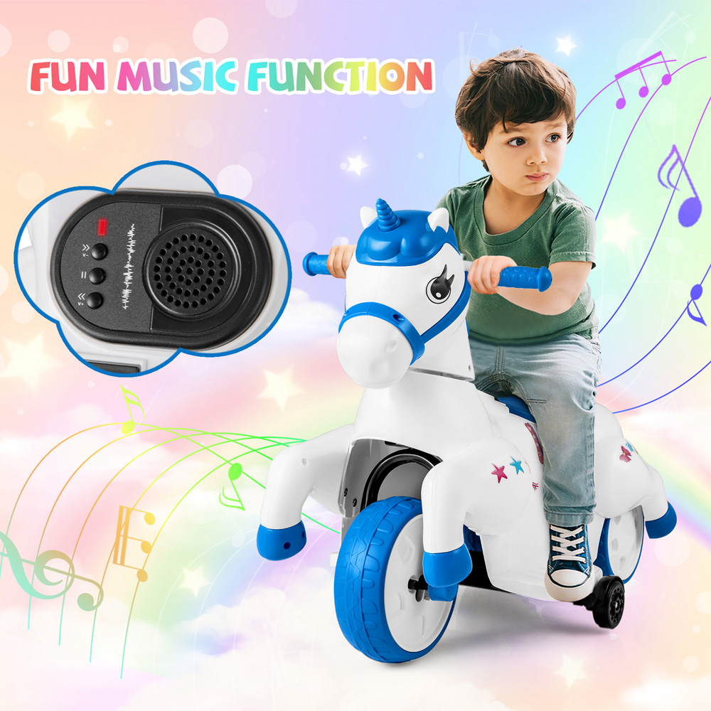 Costway Kids Blue and White Unicorn Ride On Toy with Training Wheels 12V Image 6