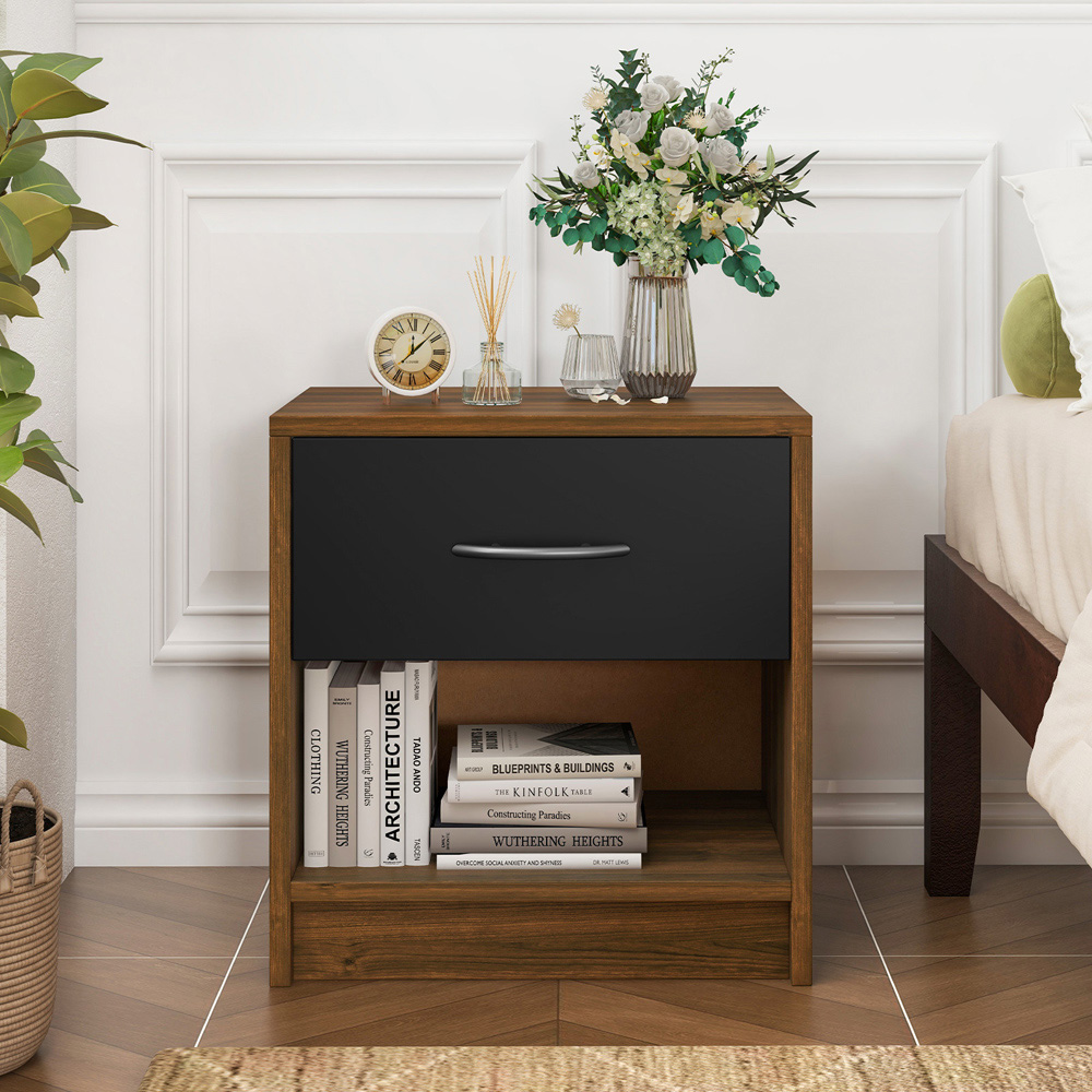 Costway Single Drawer Single Shelf Black and Brown Nightstand Image 4