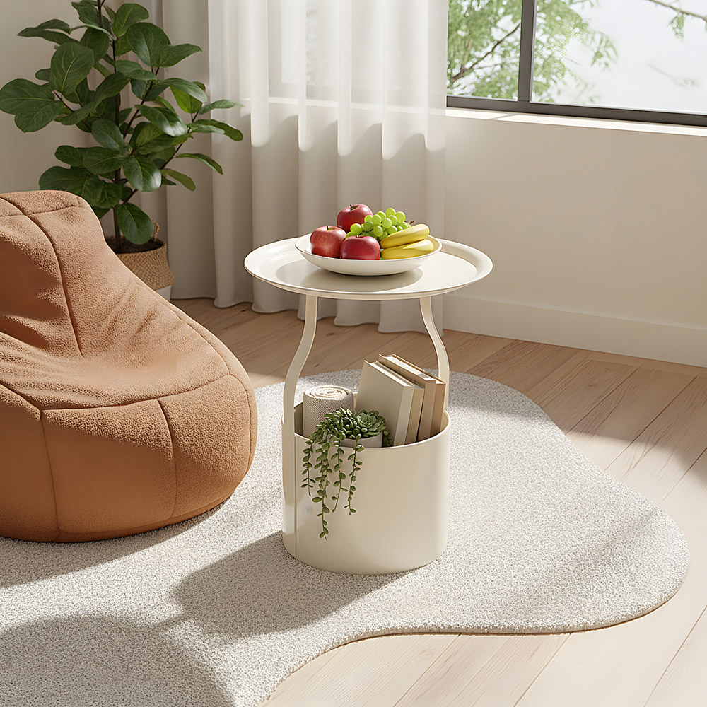 Living and Home Beige Round Tray Top Storage Side Table Image 7