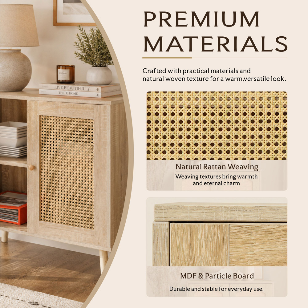 Abrihome 2 Door Natural Wooden Rattan Compact Sideboard Image 6