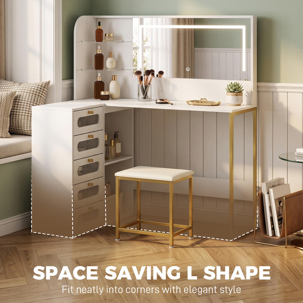 HOMCOM 5 Drawer 4 Shelf White Dressing Table with LED Mirror and Stool Image 6