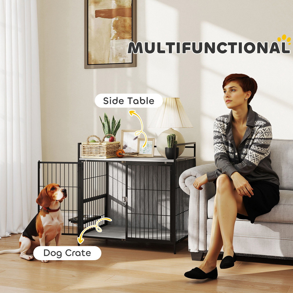 PawHut Grey Medium Dog Crate Furniture with Rotating Bowl Holder Image 4
