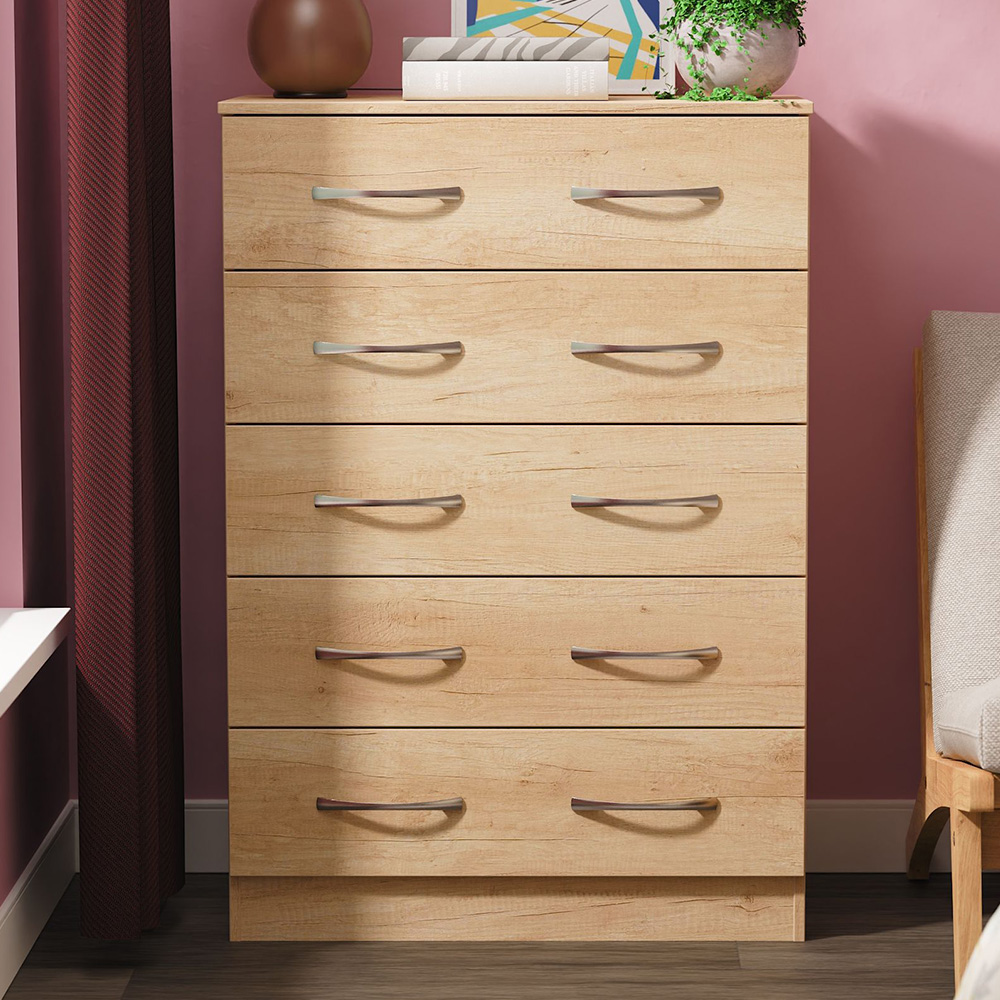 Crowndale Avon 5 Drawer Nebraska Oak Chest of Drawers Ready Assembled Image 1