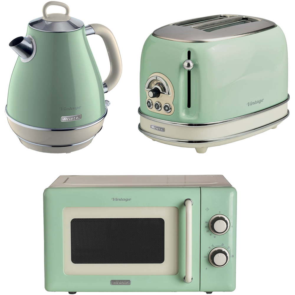 Ariete Vintage ARPK59 Green 20L Microwave with 2 Slice Toaster and 1.7L Jug Kettle Set Image 1