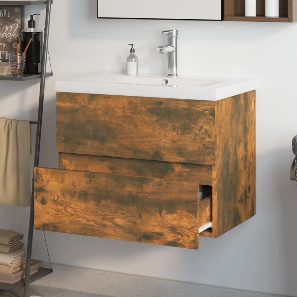 vidaXL 2 Drawer Smoked Oak and White Sink Cabinet with Basin Faucet and Drain Image 5