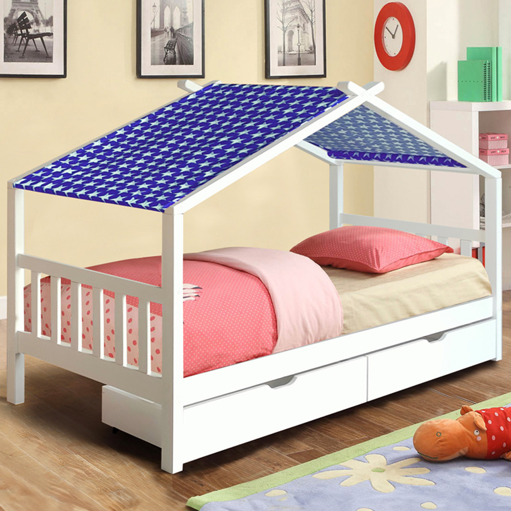 Brooklyn Single White 2 Drawer House Storage Bed with Blue Tent Image 1