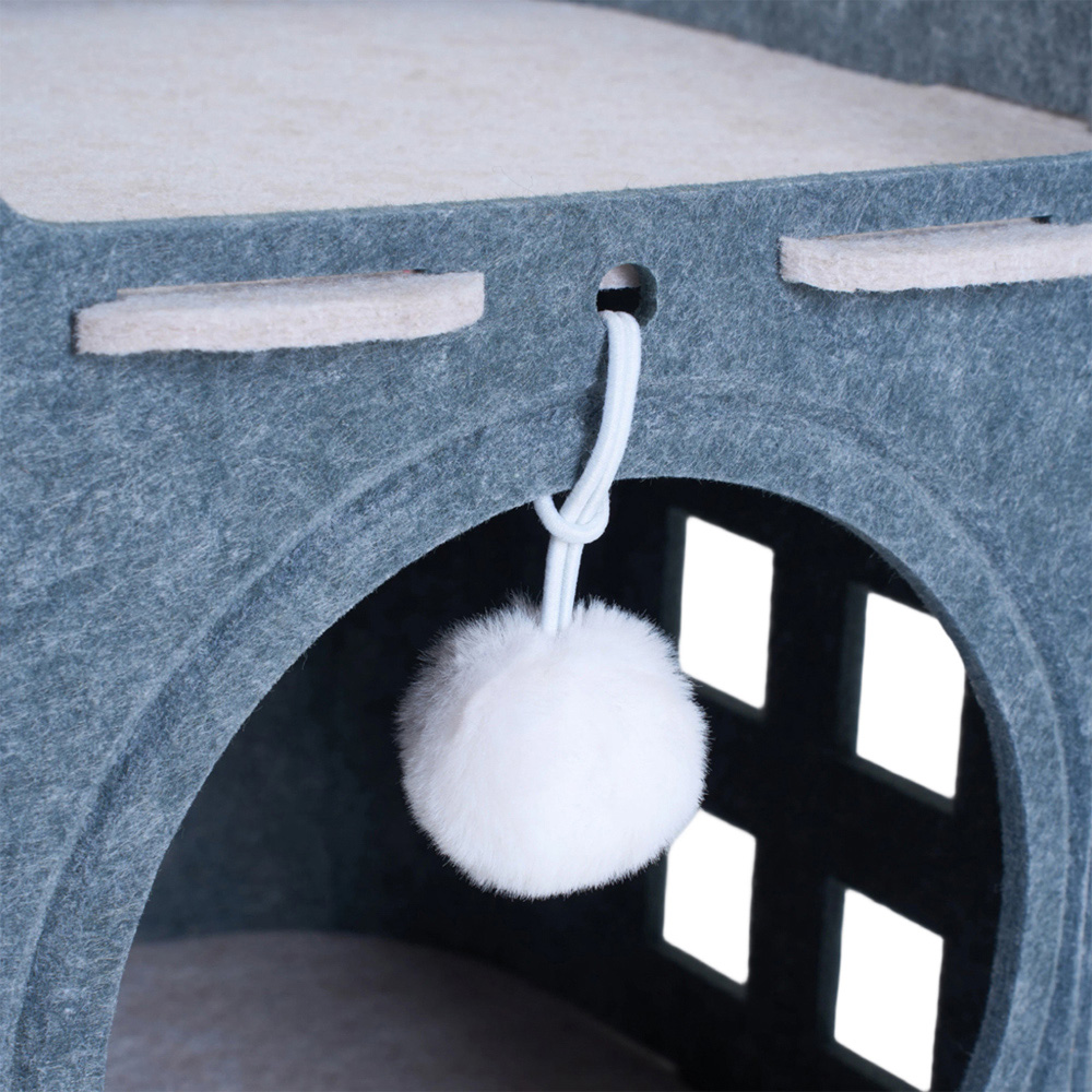 H&O Direct 2-Tier Grey Felt Cat House with Hanging Fluffy Ball Image 4