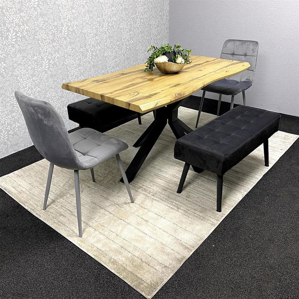 Portland 6 Seater Grey and Black Dining Table Set with Velvet Chairs and Wooden Benches Image 1