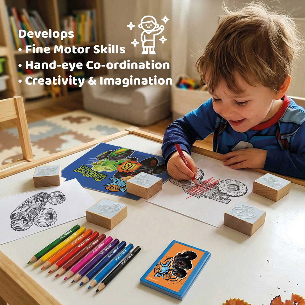 Multiprint Hot Wheels Monster Trucks Kids Travel Colouring and Stamp Set Image 6